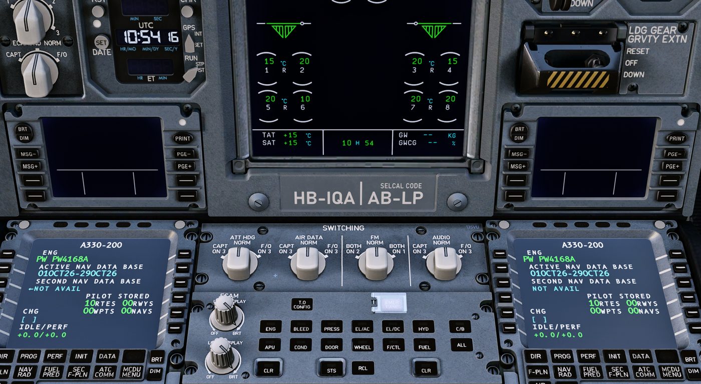 Cockpit pedestal with the registration and SELCAL placard reading HB-IQA AB-LP, and both MCDUs showing A330-200 with the PW4168A engine